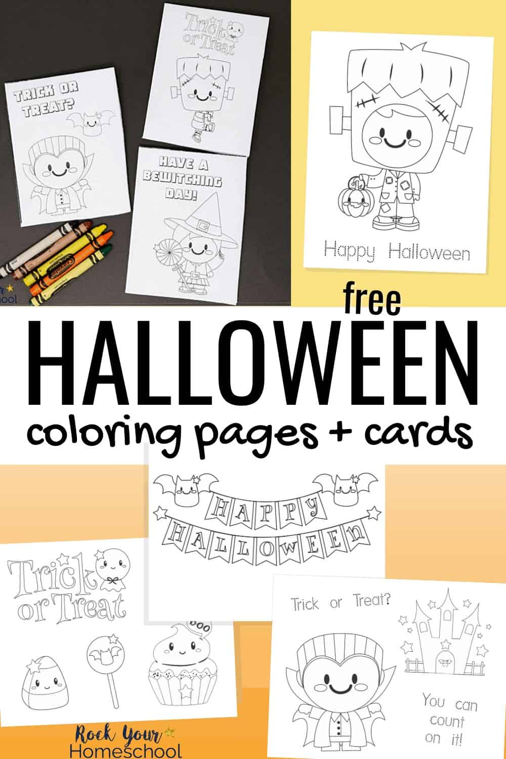 Halloween coloring pages & cards with crayons to feature the special holiday fun your kids will have with this free instant download set