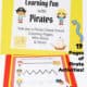 Learning fun with pirates cover on yellow paper and pirate-themed tracing activity in dry erase marker pocket on red paper with black dry erase marker