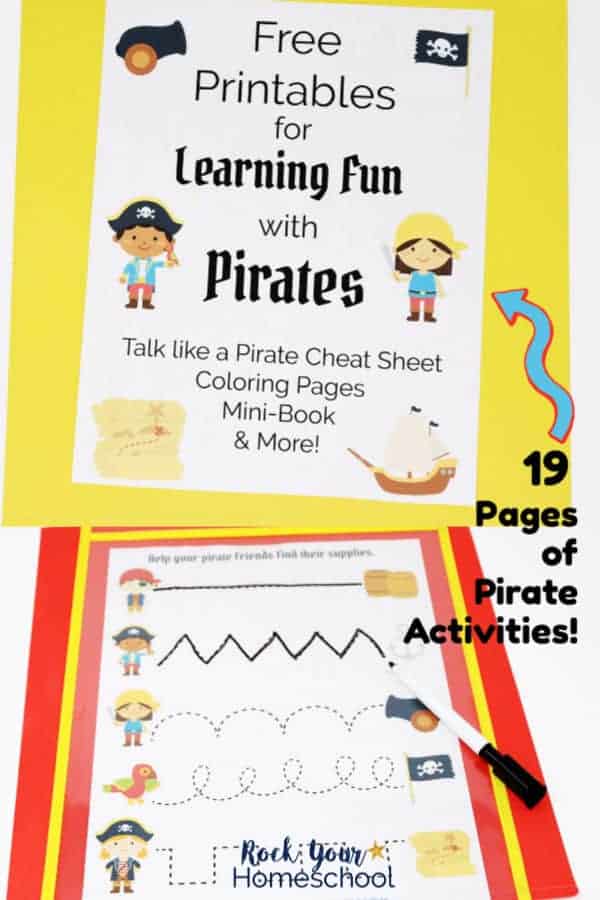 Learning fun with pirates cover on yellow paper and pirate-themed tracing activity in dry erase marker pocket on red paper with black dry erase marker