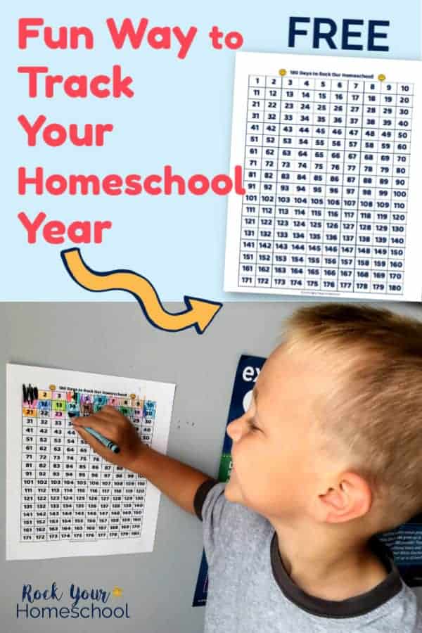 Free 180 Days to Rock Your Homeschool printable cart with young boy smiling & using crayon to fill in chart