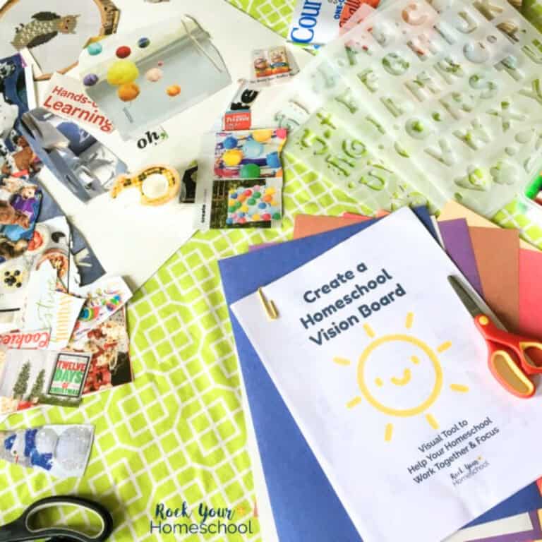 Create a Homeschool Vision Board printable pack with scissors & construction paper & homeschool vision board on white background.