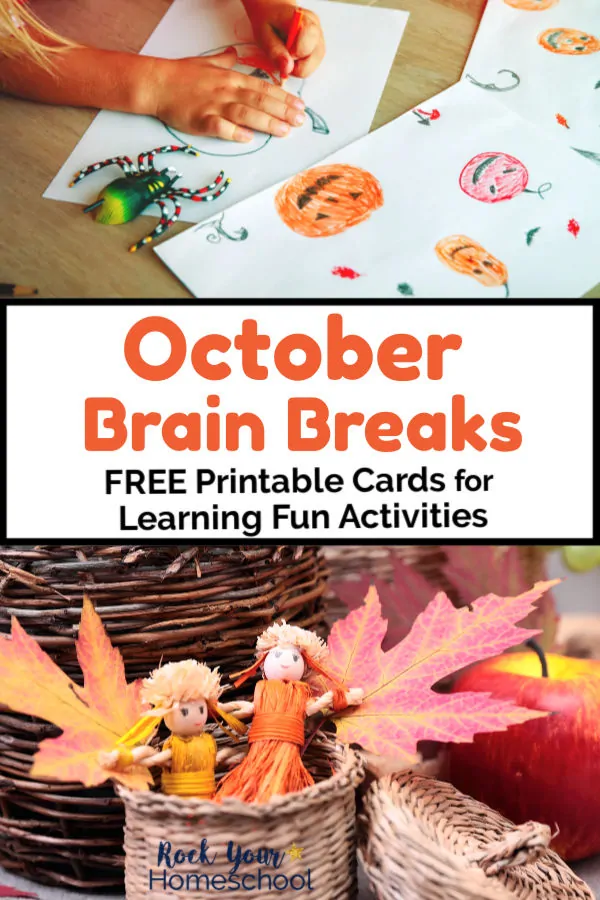 Girl using marker drawing pumpkins & leaves with plastic toy spider and straw dolls & colorful leaves in straw basket with apple