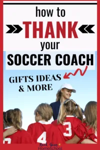 Female soccer coach wearing white hat is smiling at her soccer team with red uniforms to feature great gift ideas and more to thank your soccer coach