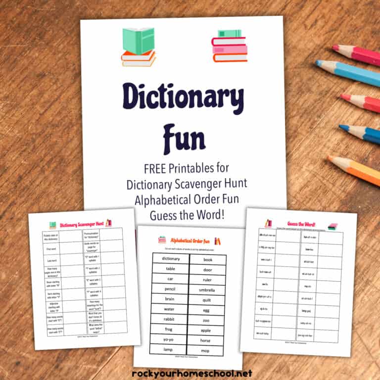 Dictionary fun activities pack cover with free printable examples of scavenger hunt, alphabetical order, and guess the word.
