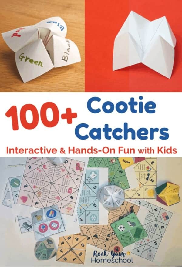 Cootie catcher with color names on light wood background, white paper fortune teller on red background, and multiple cootie catchers on white background