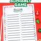 Christmas Alphabet Game printable page with Christmas pencil and mini-erasers on red background.