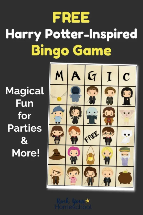 Harry Potter bingo game card with MAGIC & characters on black background