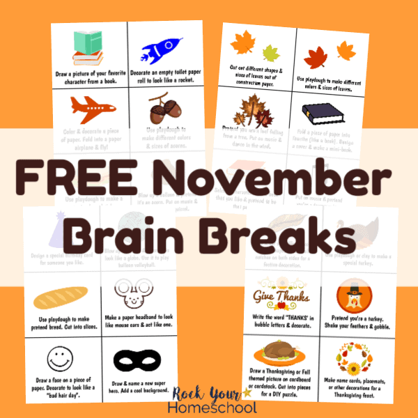 These free November Brain Breaks are wonderful ways to have easy homeschool fun. 24 printable cards with creative ideas & interactive fun.