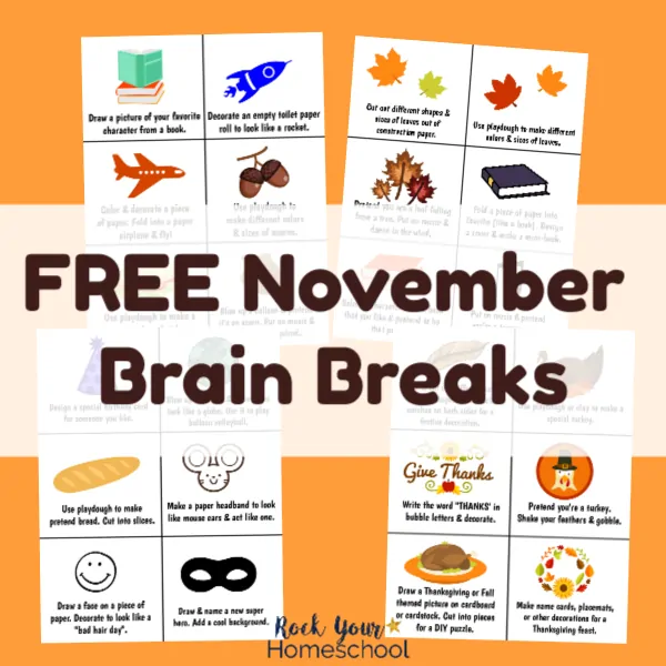 These free November Brain Breaks are wonderful ways to have easy homeschool fun. 24 printable cards with creative ideas & interactive fun.