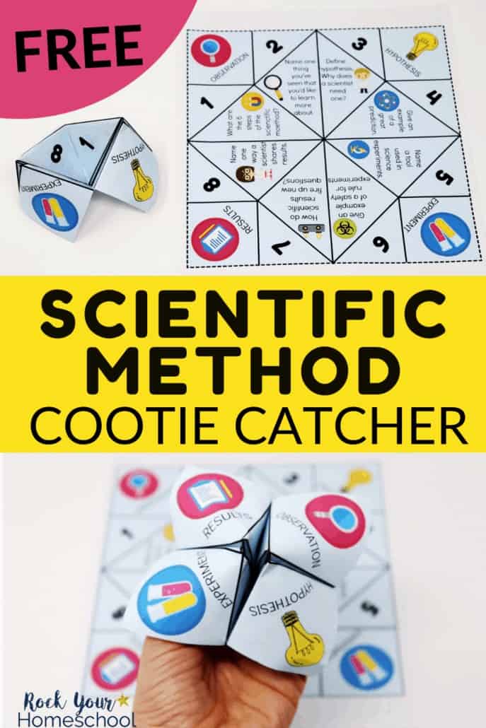 Scientific method cootie catcher folded & printable page & being held by woman to feature the amazing science fun you can have with your kids