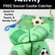 Woman's hand holding a soccer cootie catcher featuring a field, goal, whistle, and ball with blue scissors, soccer cootie catcher printable page, & small toy soccer ball in background