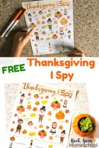 Boy using marker to play Thanksgiving I Spy on marble surface and free printable Thanksgiving I Spy activity