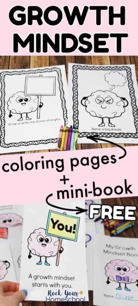 Growth mindset coloring pages and woman holding growth mindset coloring mini-book to feature the amazing ways you can use these free printable growth mindset printables with your kids