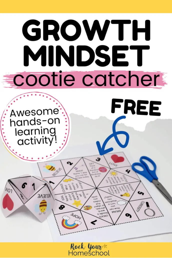 Folded and printable page of free Growth Mindset cootie catcher with blue scissors to feature the awesome hands-on activity to teach and practice growth mindset skills