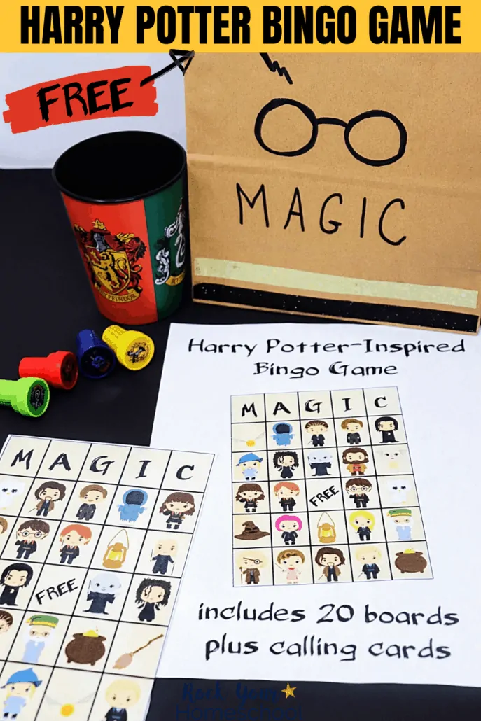 Harry Potter bingo game set with Harry Potter accessories to feature all the magical fun you can have with this free printable set