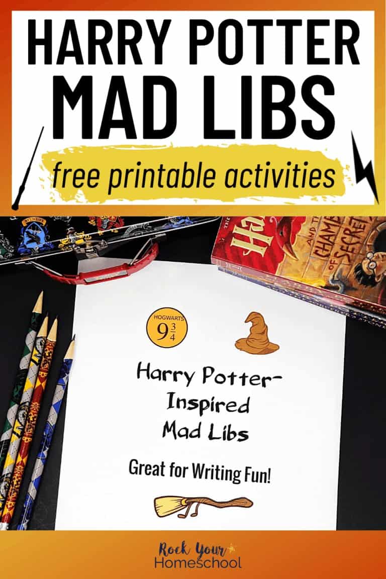 Harry Potter Mad Libs with pencils, pencil case, and Harry Potter book.