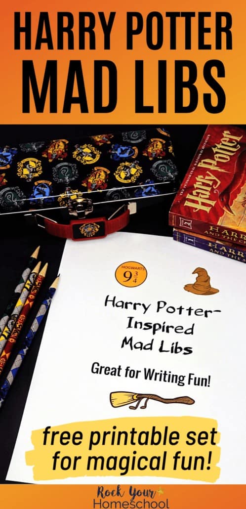 Harry Potter-Inspired Mad Libs with Harry Potter pencils, book, and pencil case to feature the magical learning fun you can have with your Harry Potter fans