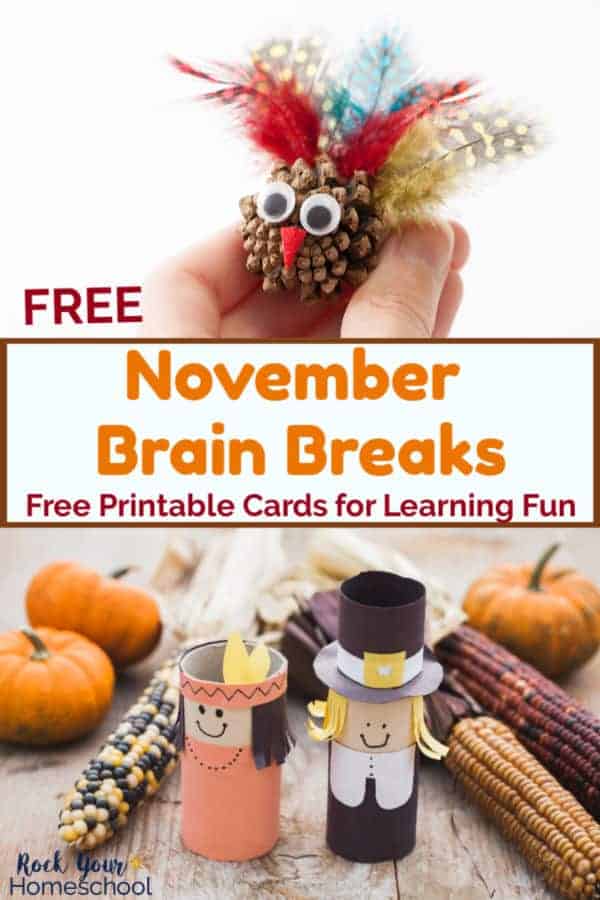 Child holding a pine cone and feather turkey craft with googly eyes &amp; Native American &amp; Pilgrim toilet paper roll crafts with pumpkins &amp; maize for November Brain Breaks fun