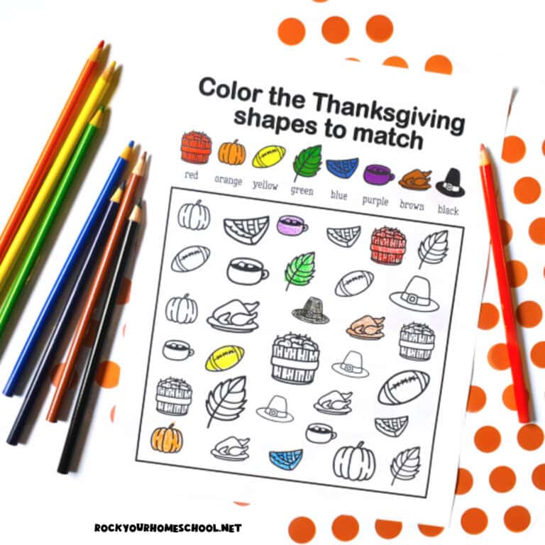 Example of free printable Thanksgiving coloring activity with color pencils.
