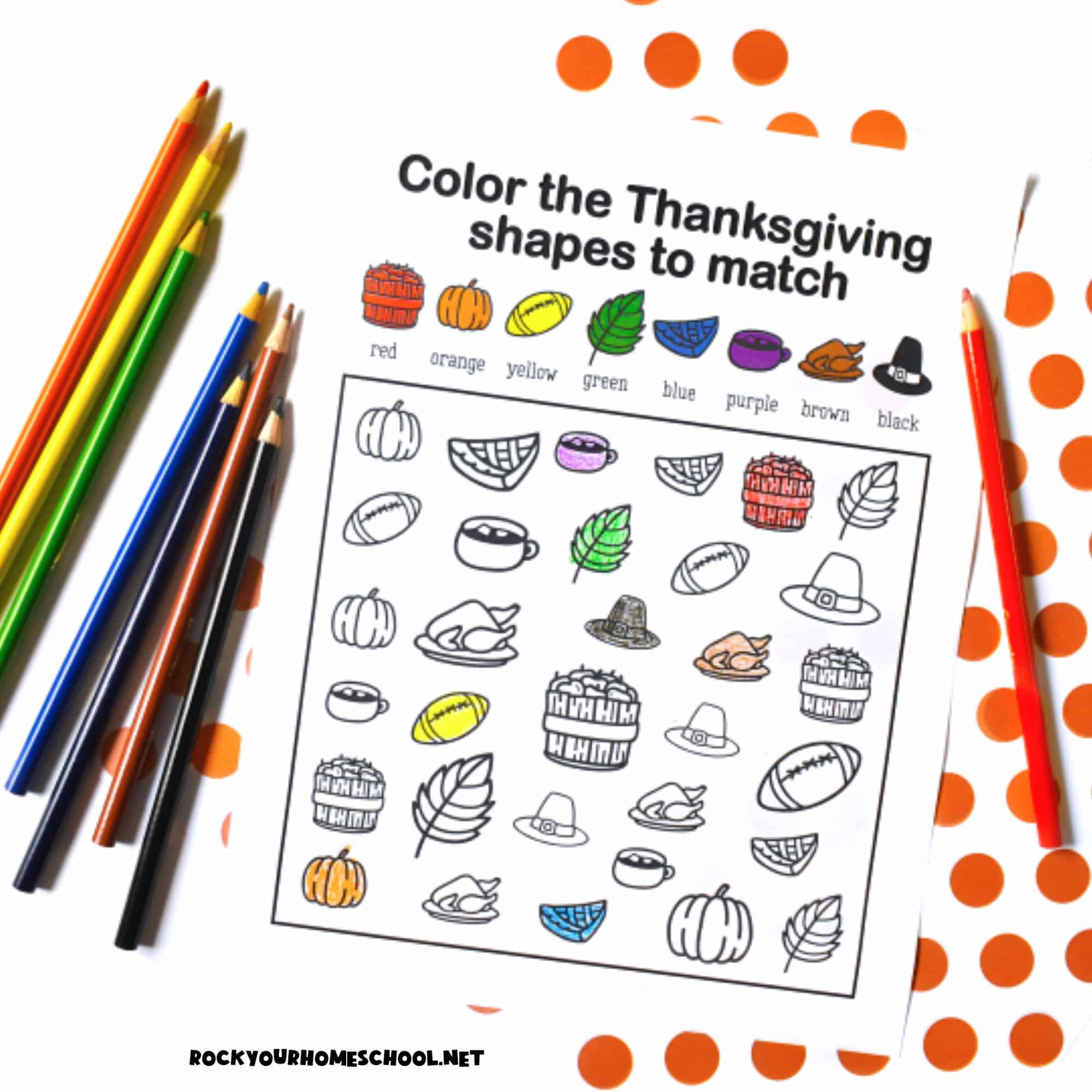 Example of free printable Thanksgiving coloring activity with color pencils.