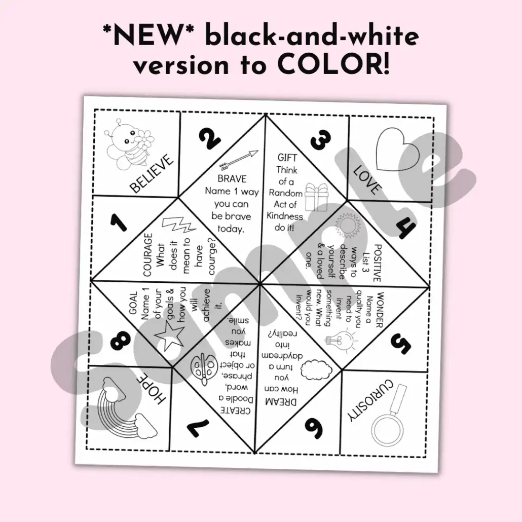 This free printable growth mindset cootie catcher is in black-and-white so you can have coloring fun.