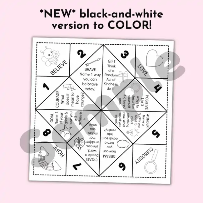 This free printable growth mindset cootie catcher is in black-and-white so you can have coloring fun.