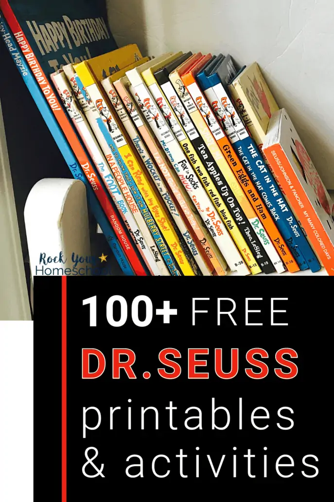 Leaning stack of Dr. Seuss books to feature the fantastic fun you'll have with your kids using these 100+ free Dr. Seuss printables and activities