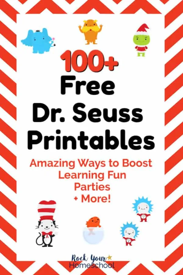 Horton the Elephant, The Lorax, The Grinch, The Cat in the Hat, The Fish, Thing 1, and Thing 2 cute clip art figures on red & white chevron background to feature 100+ Free Dr. Seuss Printables to boost learning fun, parties, & more
