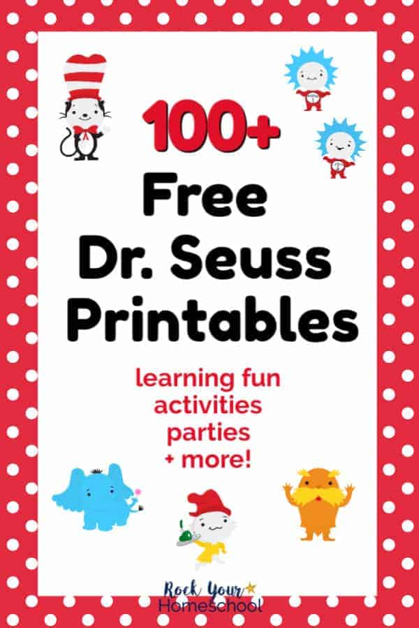 The Cat in the Hat, Thing 1, Thing 2, Horton the Elephant, Sam I Am, and The Lorax cute clip art figures on red &amp; white polka dot background to feature 100+ Free Dr. Seuss Printables for learning fun &amp; more