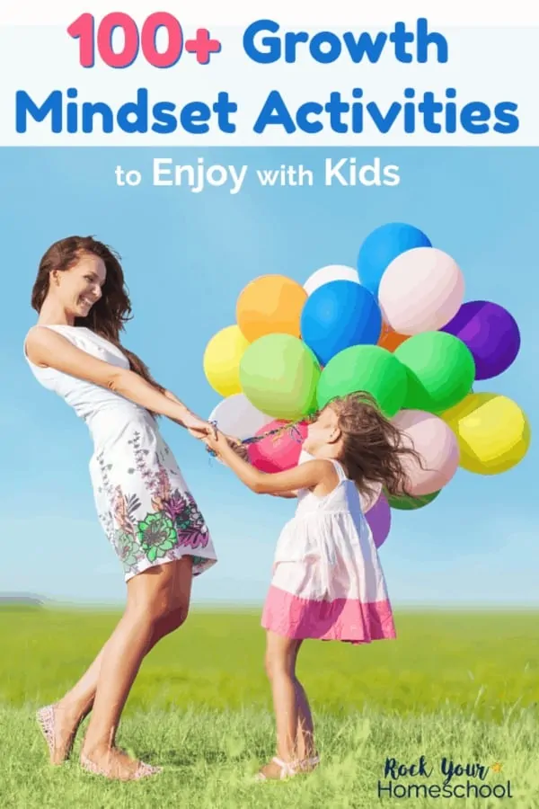 Mom with brown hair and sleeveless dress twirling with young girl wearing pink dress & holding colorful balloons with blue sky & green grass