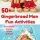 Gingerbread man and gingerbread girl in red outfits with red mug on white wood and gingerbread man & gingerbread man house on white snow & blue sky