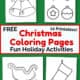 4 Christmas coloring pages featuring bells, ornaments, sleigh, & stocking on green background