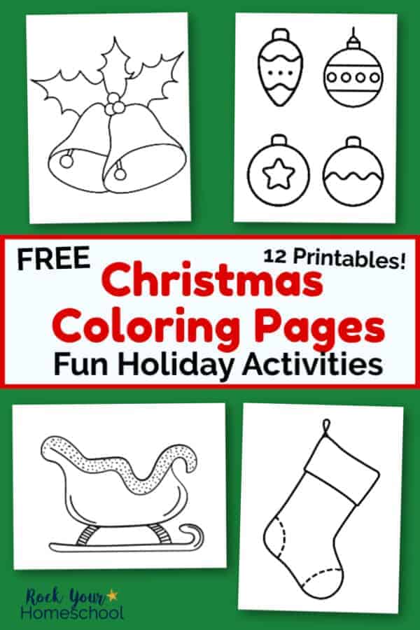 4 Christmas coloring pages featuring bells, ornaments, sleigh, & stocking on green background