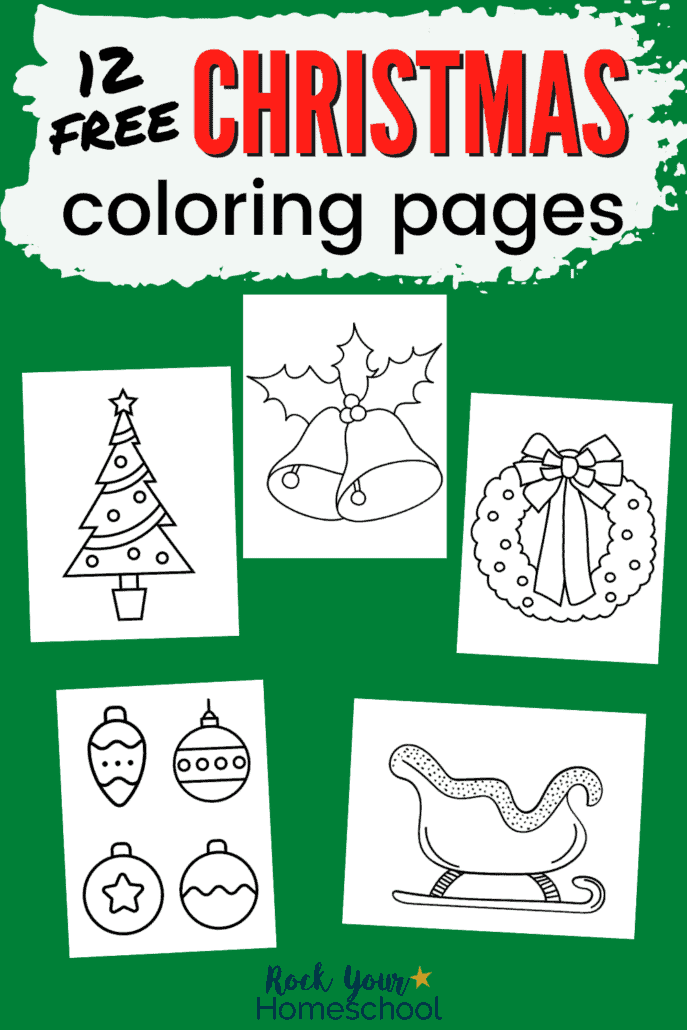 Christmas coloring pages featuring Christmas tree, bells, wreath, ornaments, and sleigh to feature the awesome creative fun your kids will have with this set of 12 free Christmas coloring pages