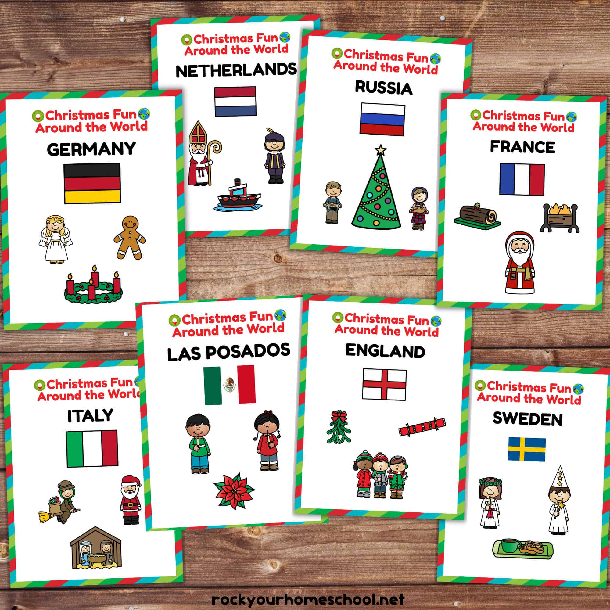 Examples of Christmas Fun Around the World activity packs with Germany, Netherlands, Russia, France, Italy, Las Posadas, England, and Sweden.