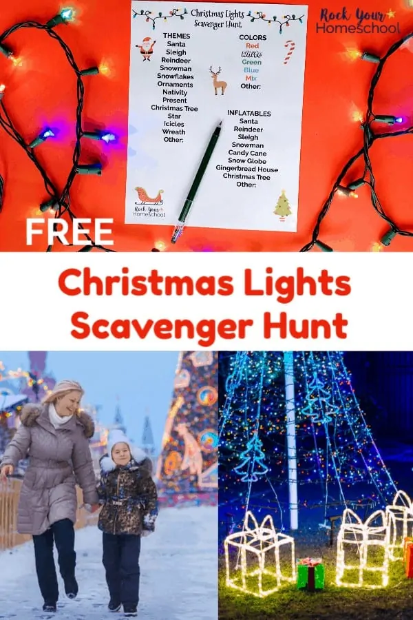 Christmas lights scavenger hunt printable with green pen &amp; multi-colored lights on red background and mother and daughter walking in snow looking at Christmas lights and nighttime display of Christmas lights
