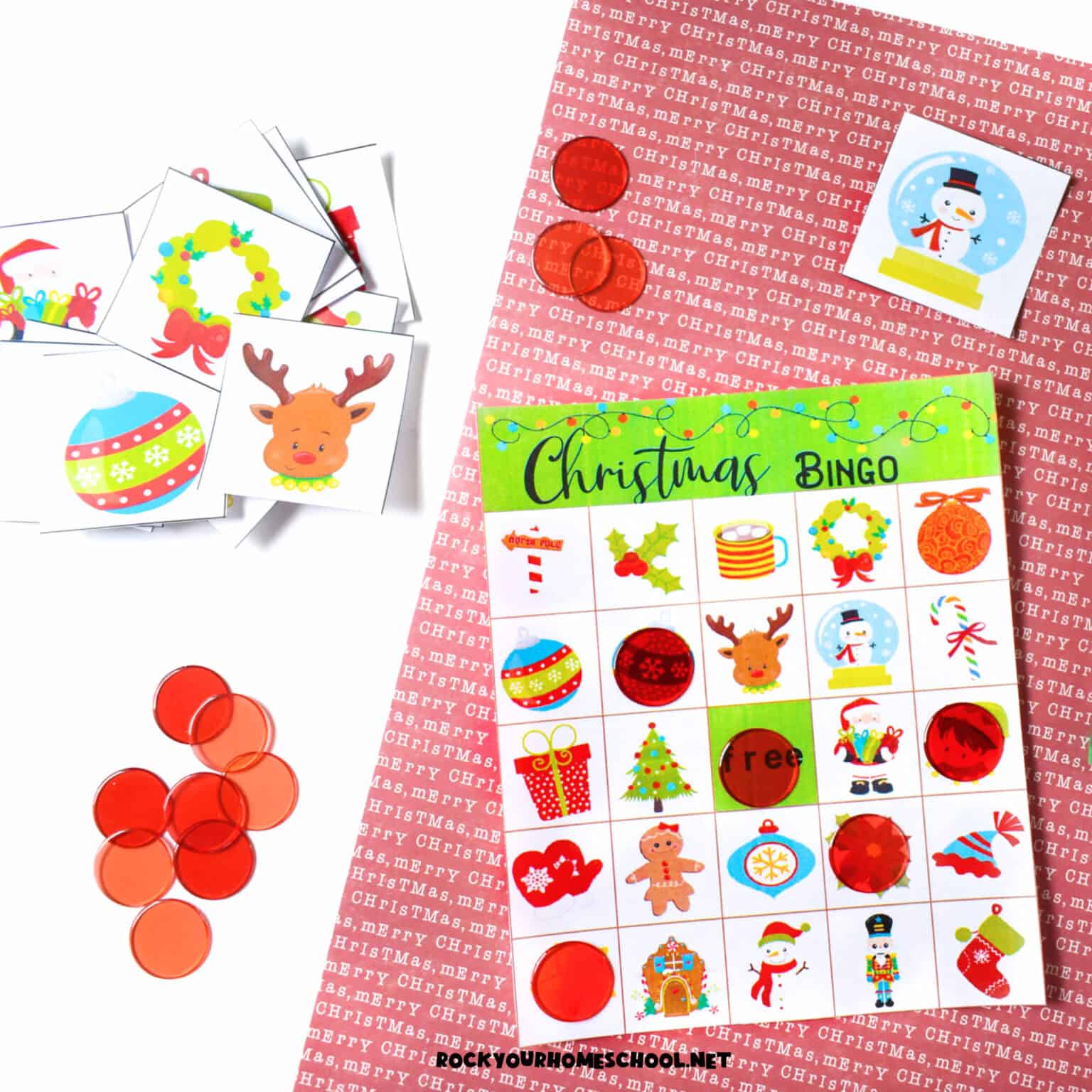 Example of free printable Christmas bingo game card and calling cards.