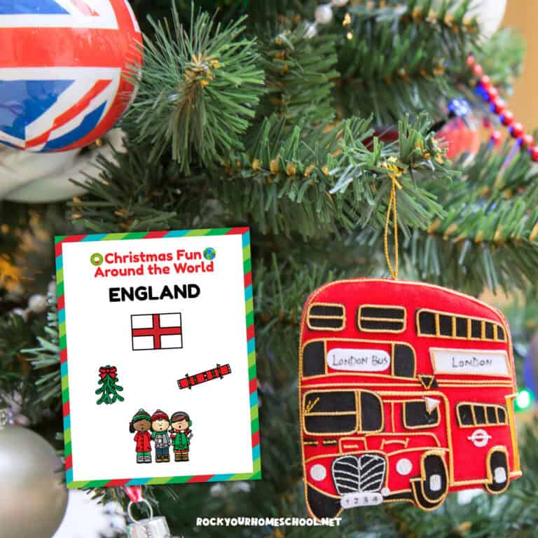 Christmas tree with English ornament and red double decker bus ornament and Christmas Fun Around the World England cover.