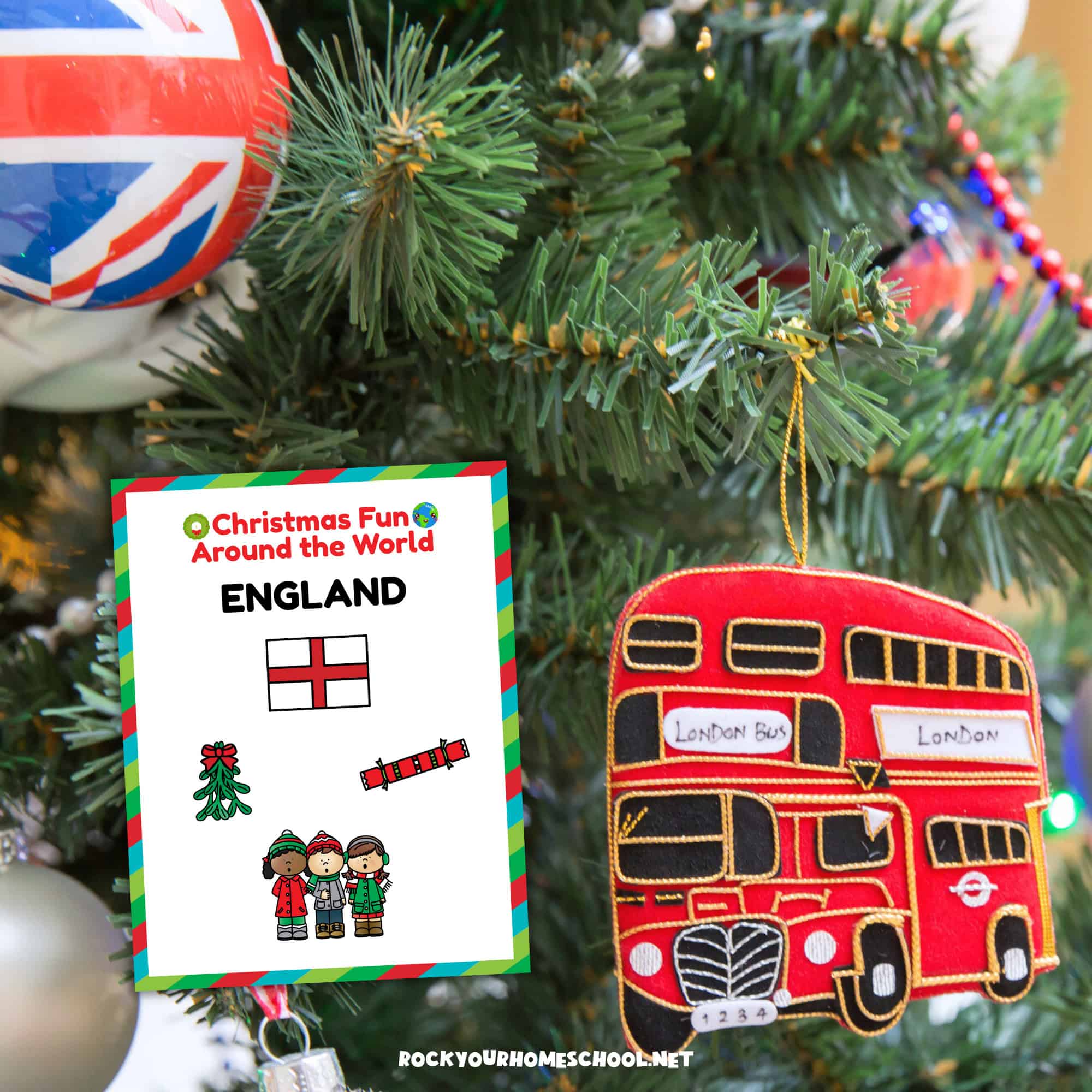 Christmas tree with English ornament and red double decker bus ornament and Christmas Fun Around the World England cover.
