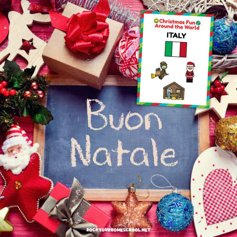 Buon Natale on chalkboard with Italian Christmas items with Christmas Fun in Italy study cover.