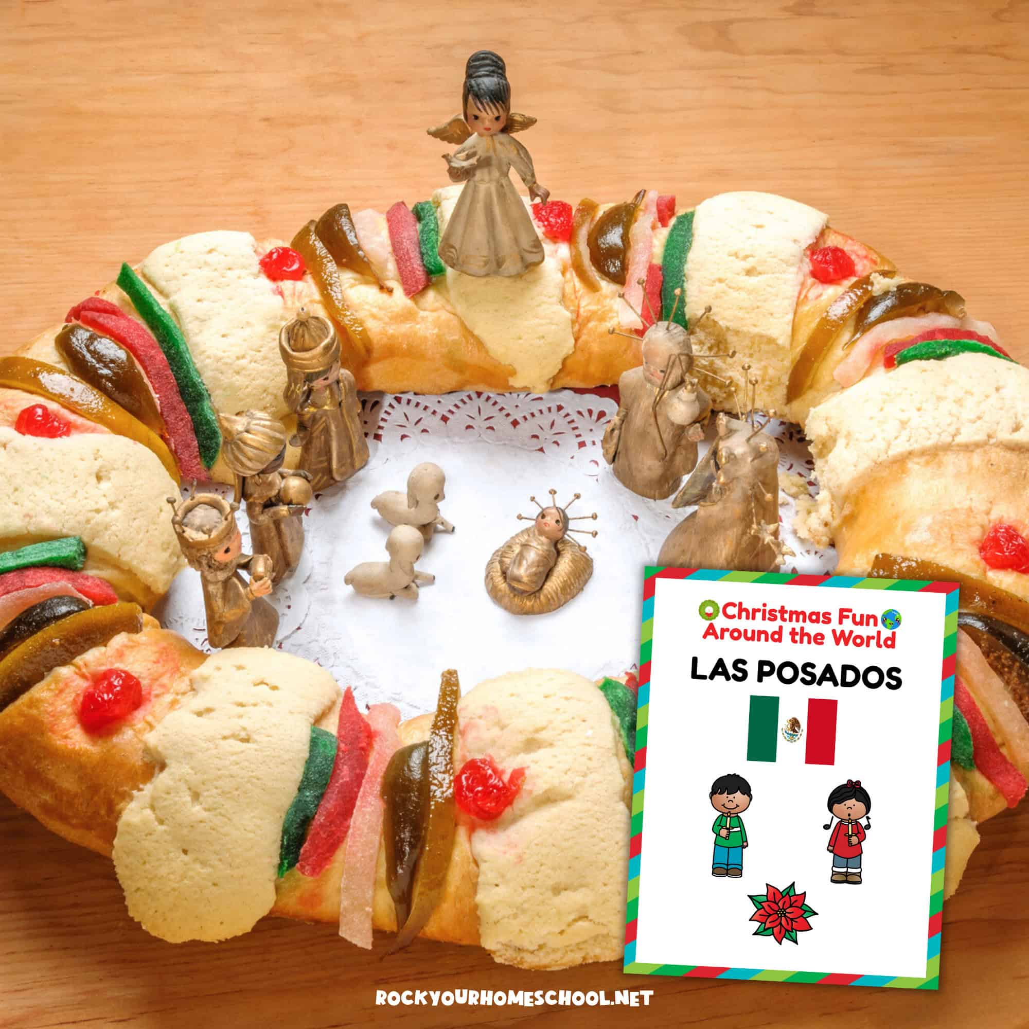 Three Kings Cake on light wood background with Christmas Fun in Mexico cover