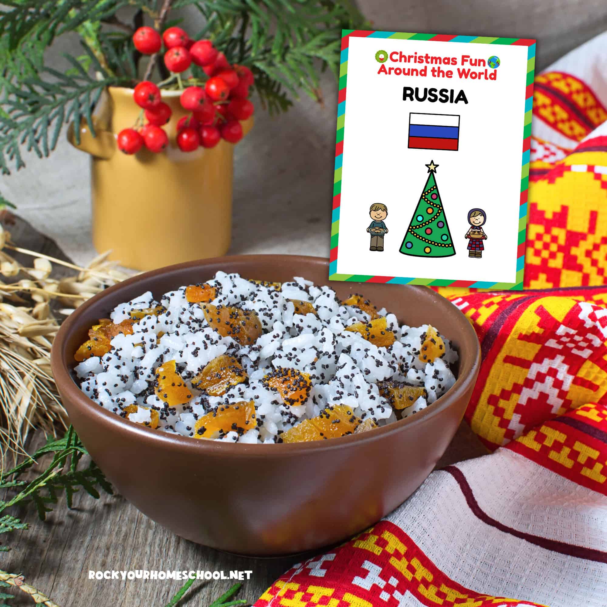 Kutia in a bowl with berries and pine needles and wheat amd blanket and Christmas Fun in Russia cover.