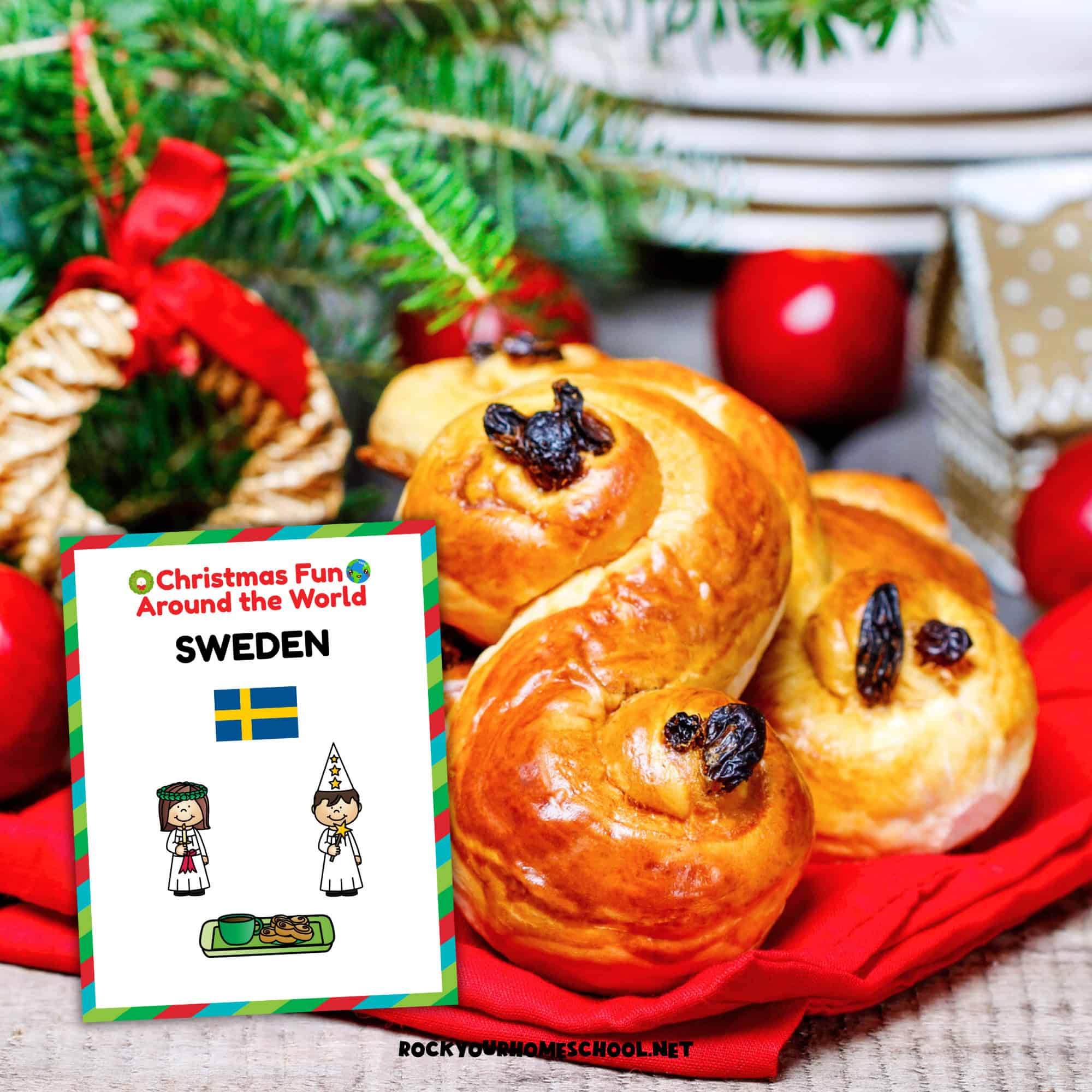 Chirstmas Fun in Sweden with holiday bread, Christmas tree, ornaments, and more.