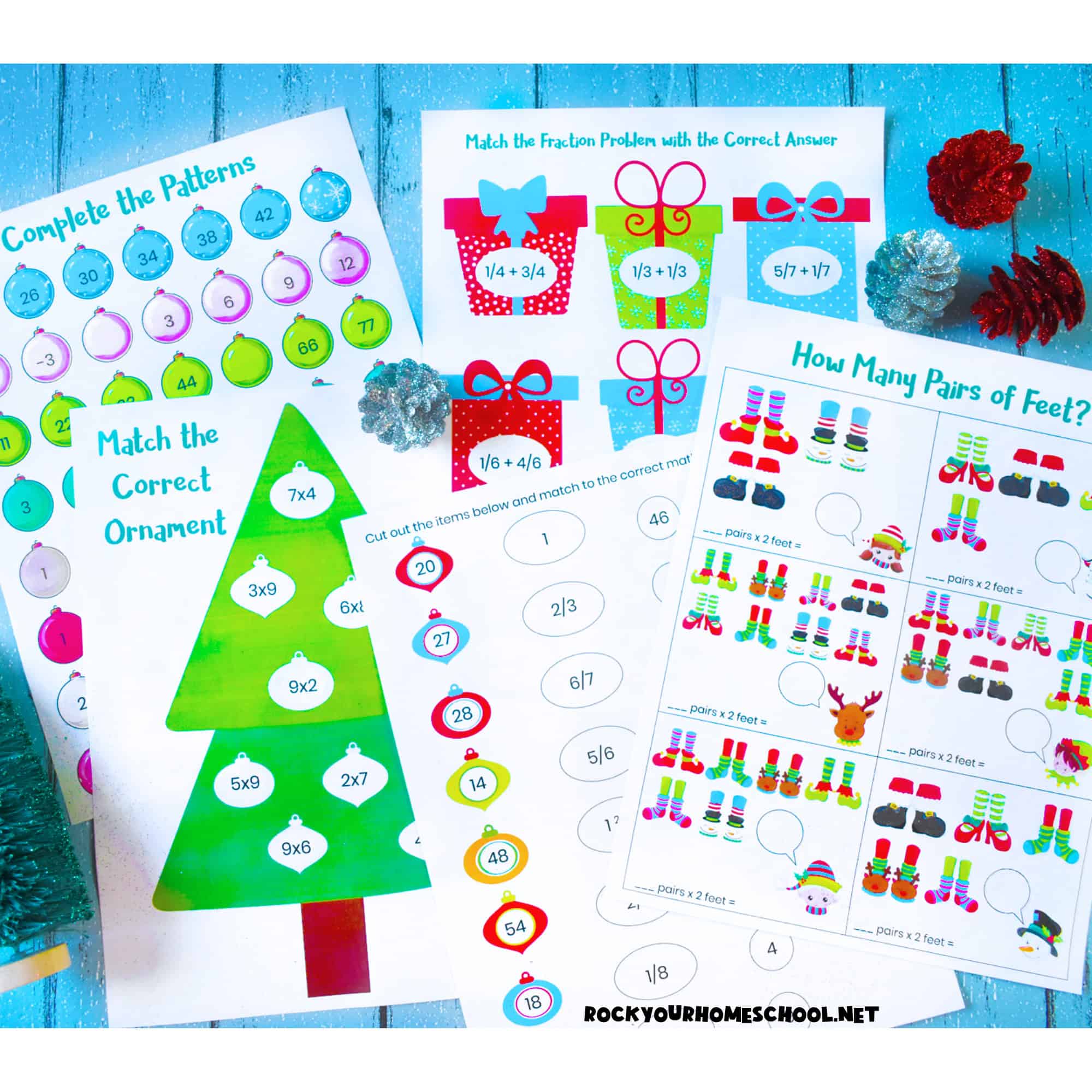 Examples of free printable Christmas math activities.