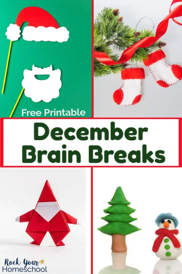 Santa beard and hat photo props on green background, red & white stocking ornaments & pine branch with pine cones, Santa origami, & Christmas tree and snowman clay figures for fun December brain breaks