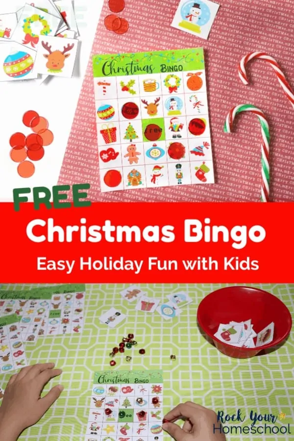 Christmas bingo game card and color chips &amp; candy canes on red paper and boy playing Christmas bingo with jingle bells on light green tablecloth