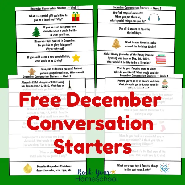 Enjoy these free December Conversation Starters for fun chats with kids. Great prompts for discussion & writing!