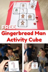 free gingerbread man activity cube on red paper with candies and boys moving & being silly