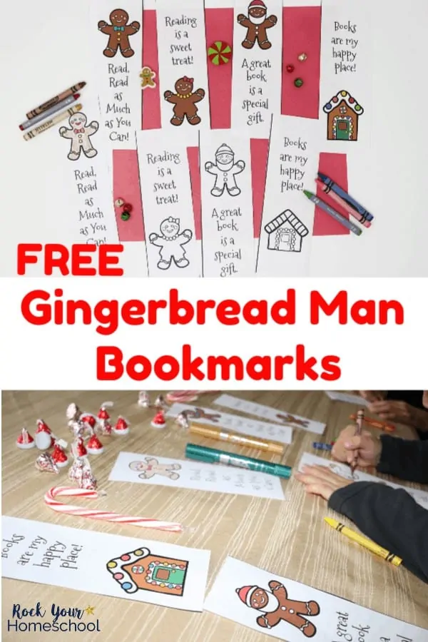 Set of printable Gingerbread Man bookmarks for coloring and ready-to-go on red paper with crayons, jingle bells, &amp; mini-erasers and boy coloring bookmarks using crayons on gold tablecloth with candy cane &amp; candies