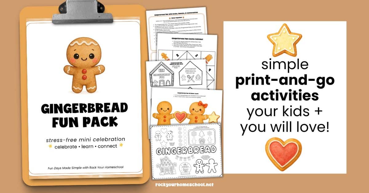Gingerbread Fun Pack cover on clipboard with examples of the printable activities including cootie catcher, gingerbread house mini book, 3D paper craft template, and gingerbread activity mat.